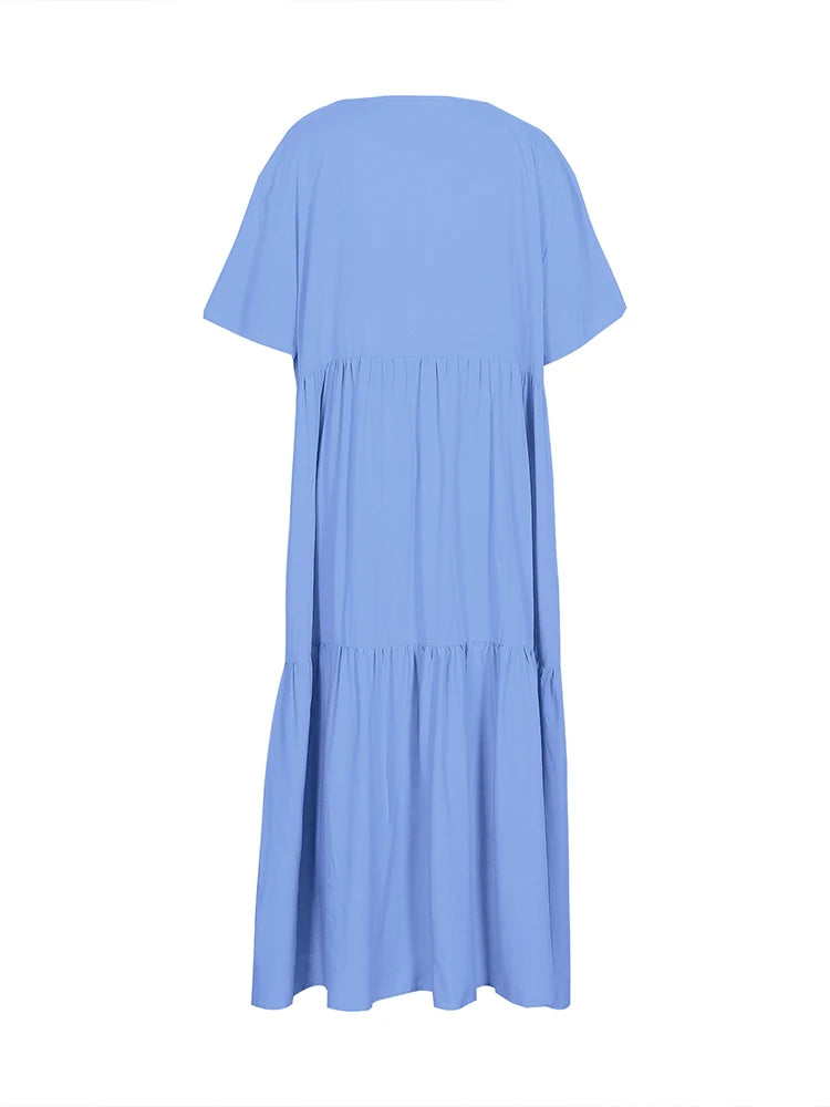 Damen Übergröße Lässiges lockeres V-Ausschnitt Einfarbiges langes Kleid Frühling Sommer Plissee Big Size Damenkleid