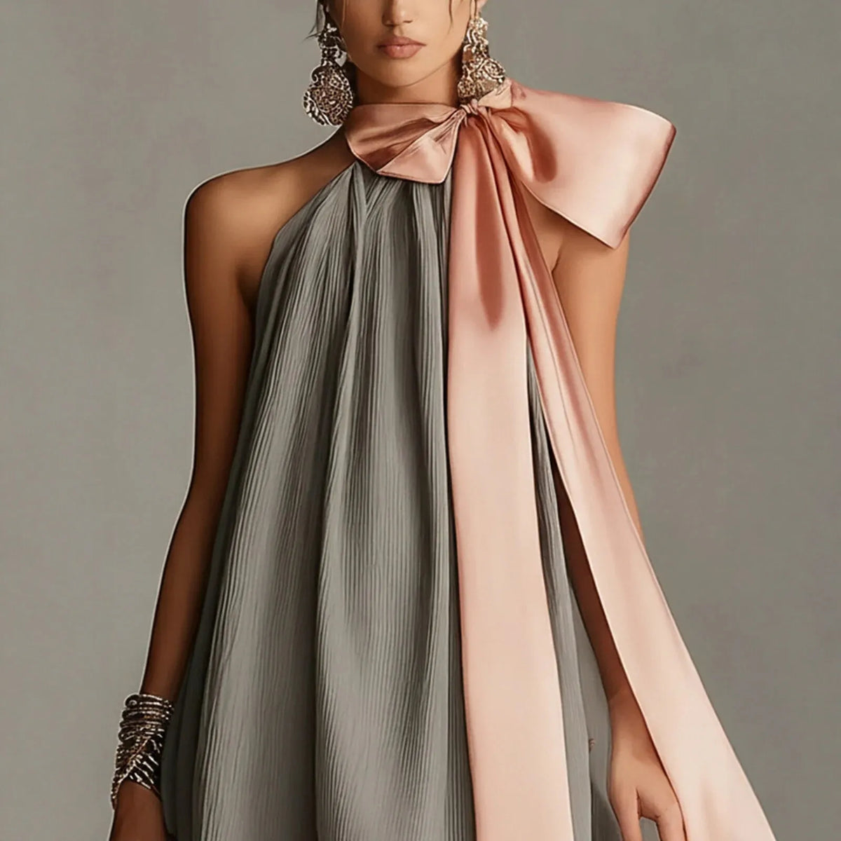 Pleated Halter Mini Dress for Women Pink Satin Big Bow Neck Tie Sleeveless Loose Flowy Elegant Cocktail Wedding Guest Dress