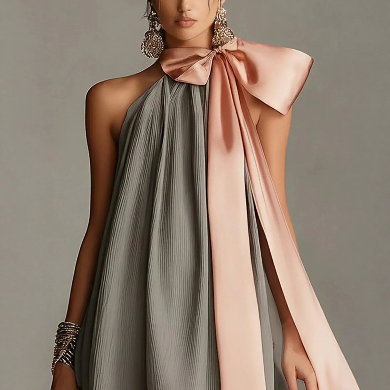 Pleated Halter Mini Dress for Women Pink Satin Big Bow Neck Tie Sleeveless Loose Flowy Elegant Cocktail Wedding Guest Dress