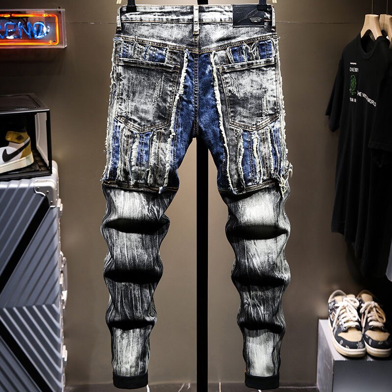 Blugi tăiați cu mozaic pentru bărbați, îmbrăcăminte de stradă la modă, subțiri, drepți, elastici, pantaloni din denim cu talie mijlocie Pantaloni până la gleznă