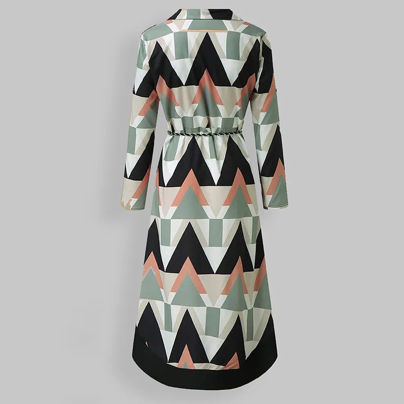 2024 Women's Autumn New Fashion and Elegant Commuter Print V-neck Lace up Long Sleeve Slim Fit Mid length Dress