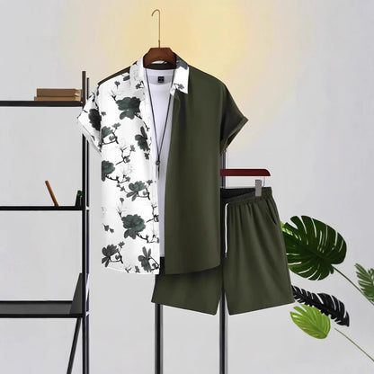 Comfortable Coconut trees leaves color blocking 3D Print shirt +Shorts Two Piece Set Short Sleeve Flip collar shirts half pants