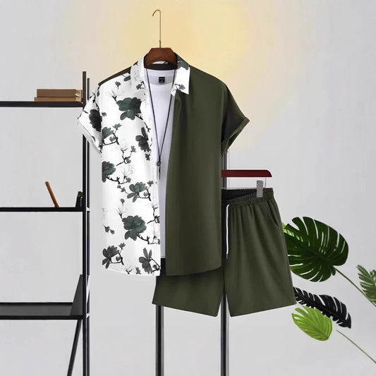 Comfortable Coconut trees leaves color blocking 3D Print shirt +Shorts Two Piece Set Short Sleeve Flip collar shirts half pants