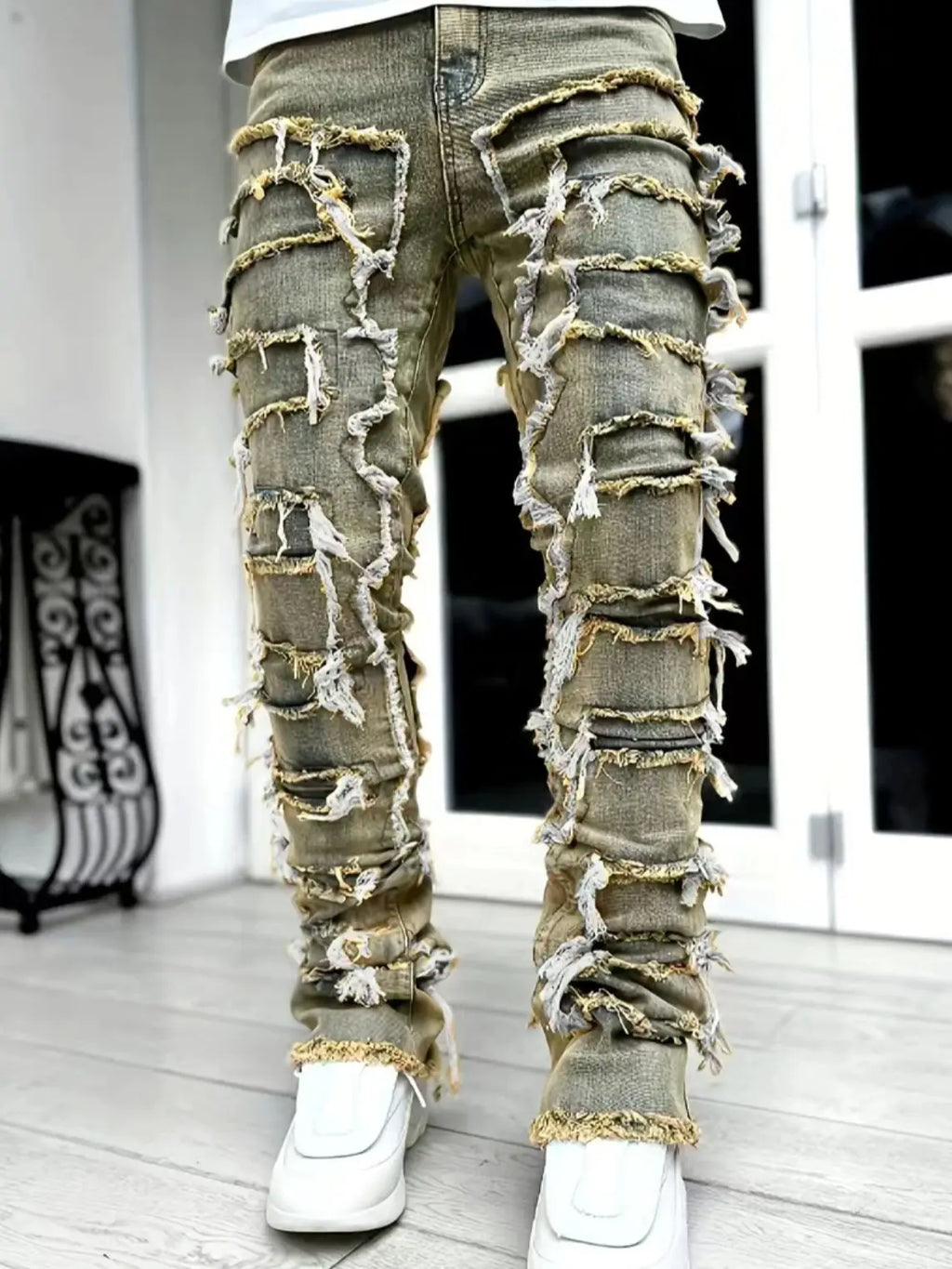 New Fashion Stretch Jeans Man Stacked Jeans Elastic Waist Straight Fit Patchworks Denim Long Pants Fringe Ripped Jeans For Men