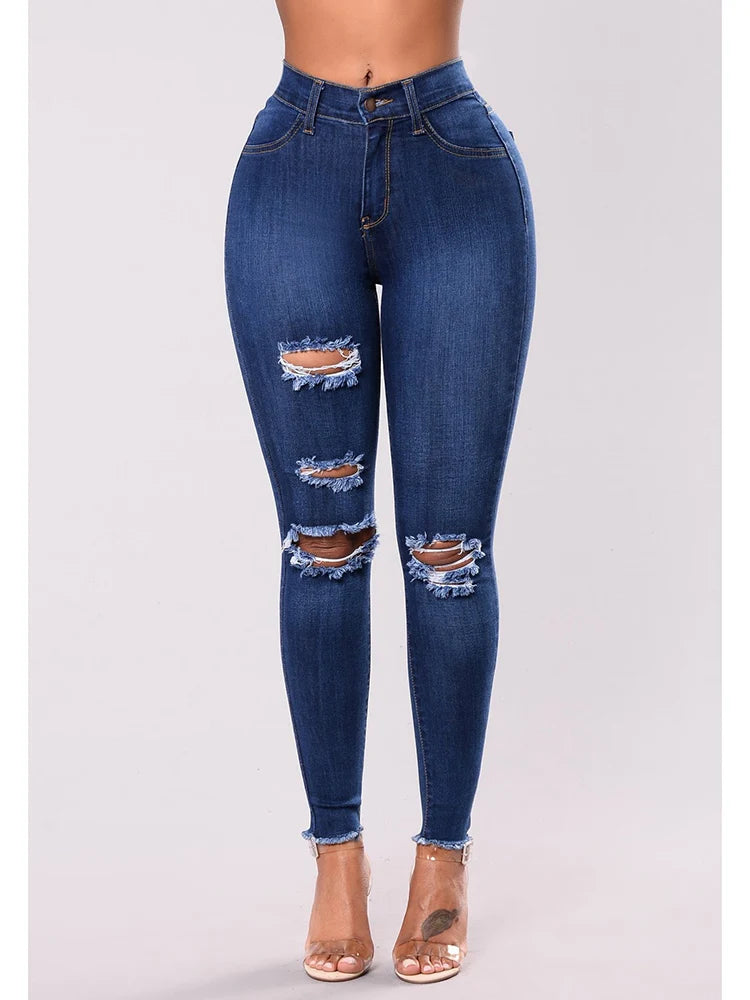 Women Stretch Skinny Ripped Jeans Lady High Waist Pencil Long Pants Narrow Straight Leg Wrap Hips Plus Size S-3XL Trousers