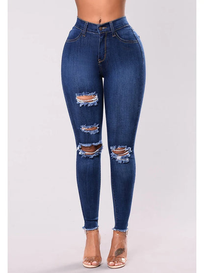 Women Stretch Skinny Ripped Jeans Lady High Waist Pencil Long Pants Narrow Straight Leg Wrap Hips Plus Size S-3XL Trousers