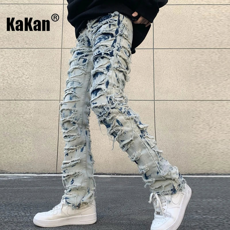 Kakan - New European and American Heavyweight Street Burnout Jeans for Men, High Street Burnout Straight Fit Long Jeans K27-3