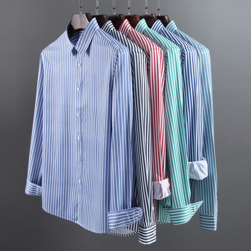 High Quality Stripe Stretch Anti-Wrinkle Non-iron Men Shirts Long Sleeve Dress Shirts Male Slim Social Business Casual Shirt