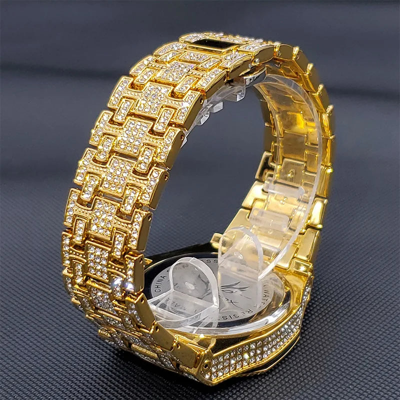 Men Watch Luxury Diamond WristWatch Waterproof Japanese Movement Big Dial Steel Band Hip Hop Rhinestone Gold Gift for Men Clock