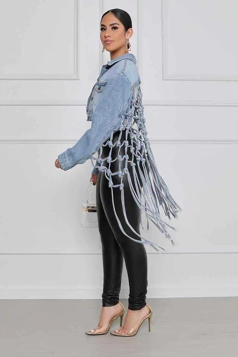 Women Denim Jacket Back Grid Fringe Design Denim Jacket Ladies Spring and Fall Fashion Short Personalized Jacket Coat 2024 New