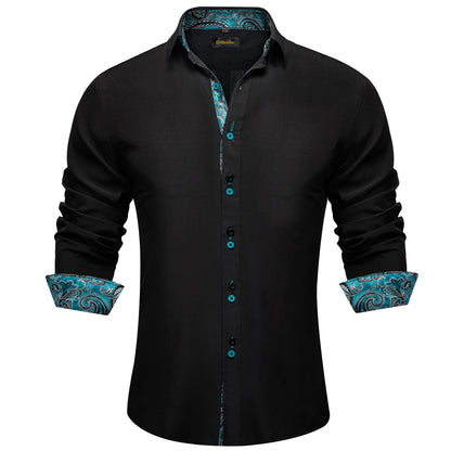 Men's Casual Long Sleeve Shirt with Inner Paisley Contrast Pattern Elegant Turn Down Collar Dress Shirt for Business Date Tops