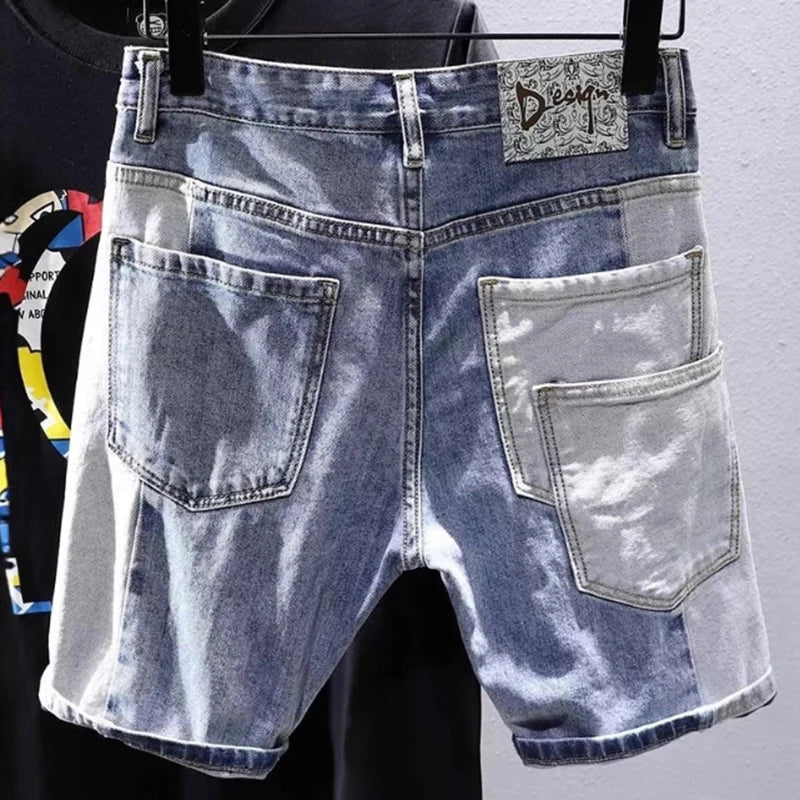 2025 Mens Distressed Denim Shorts Summer Washed Ripped Patchwork Paint Splatter Slim Fit Five Inch Jeans Y2K Vintage Hip Hop Fas