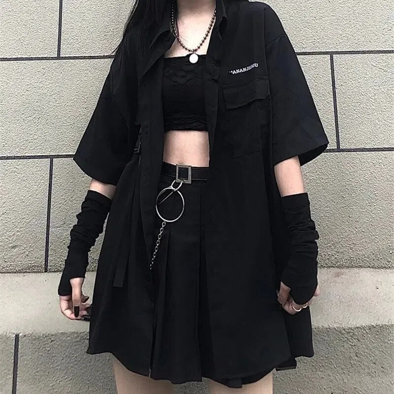 Single / Set Summer Korean Fashion Versatile Dark Series Loose Bf Shirt Top Women Fashion Two Piece Set Skirt Jupe Dropshipping