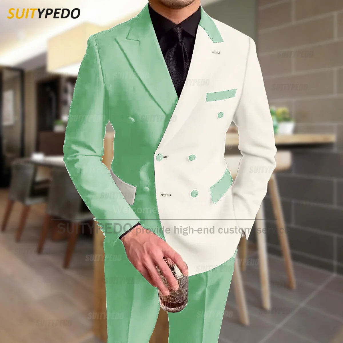Fashion Black Ivory Splicing Men Suit Casual Party Classic Double Breasted Jacket Evening Dinner Elegant Blazer Pants Outfits