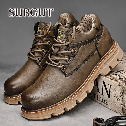 SURGUT Men's Leather Boots  New Ankle Motorcycle Boots Retro Handmade Luxury Lace Up Waterproof Shoes For Men Working Boots