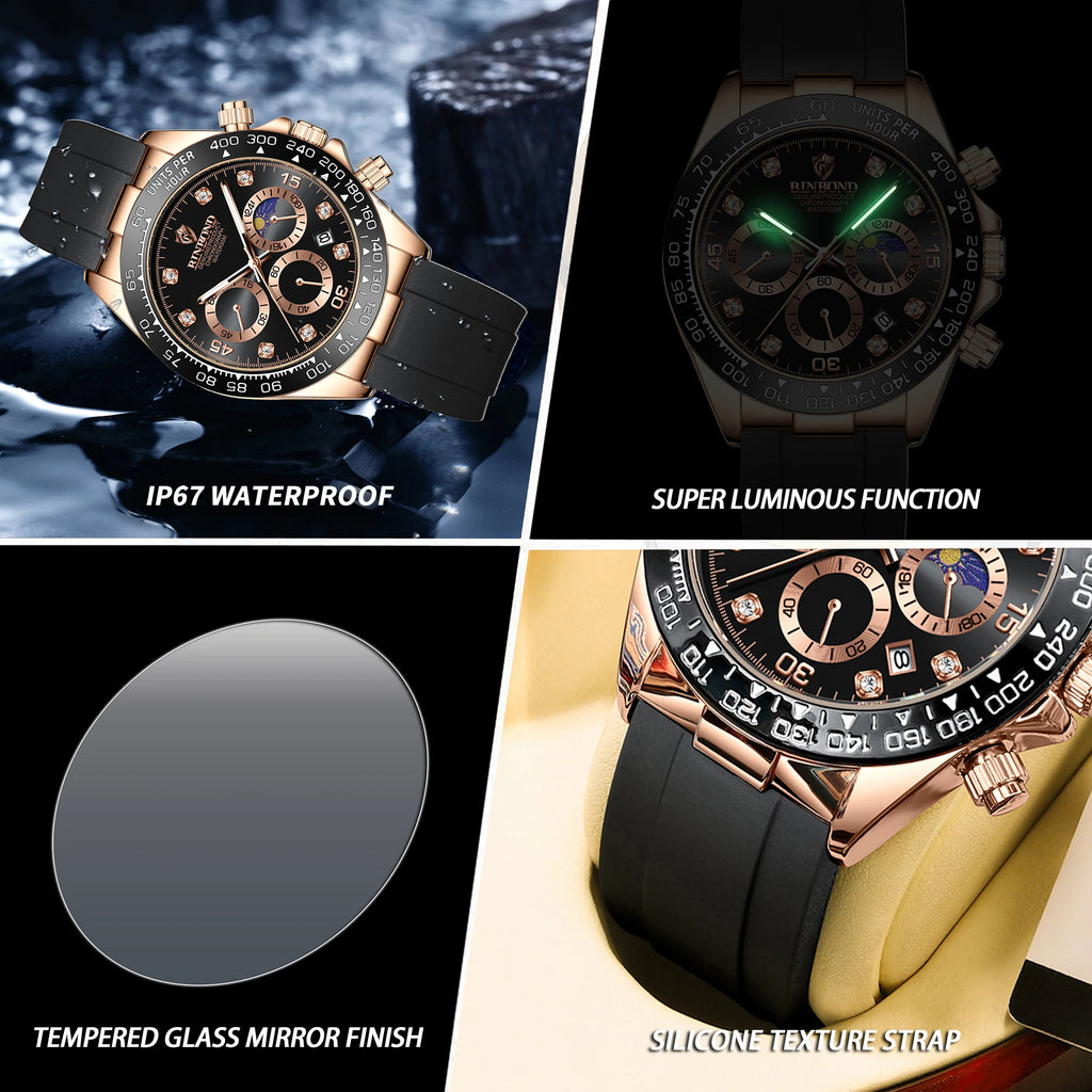 BINBOND Precise Chronograph Men's Watch Authentic Sports Quartz Watches For Men Luxury Luminous Waterproof Sturdy Casual Reloj