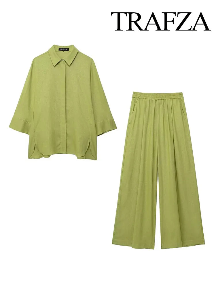 TRAFZA  Women 2 Piece Set Elastic Waist Pocket Folds Decorate Wide Leg Pants+Solid Single-Breasted Slit Hem Blouse Top