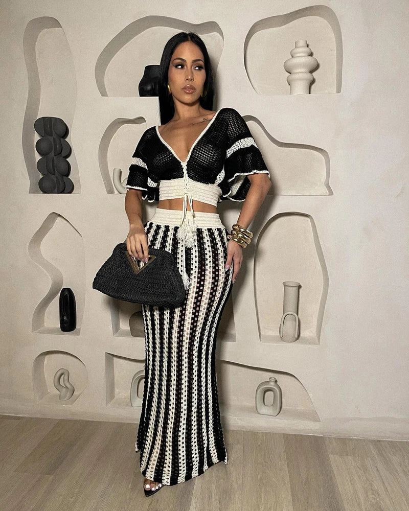 Summer 2 Pieces Women Sets Streetwear Beach Elegant Knitted Sexy V-Neck Hollow Striped Short Sleeve Top Two Piece Maxi Skirt Set