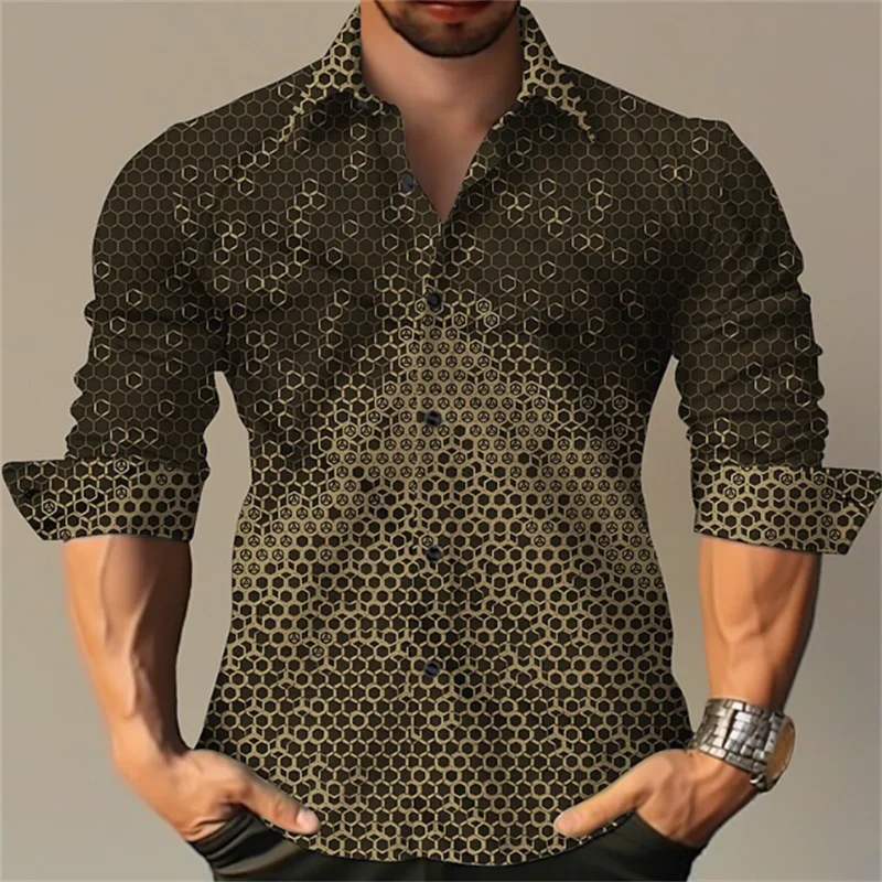 men's T-shirt suit button shirt half splicing trend new geometric flower clear pattern soft and comfortable shirt clothing