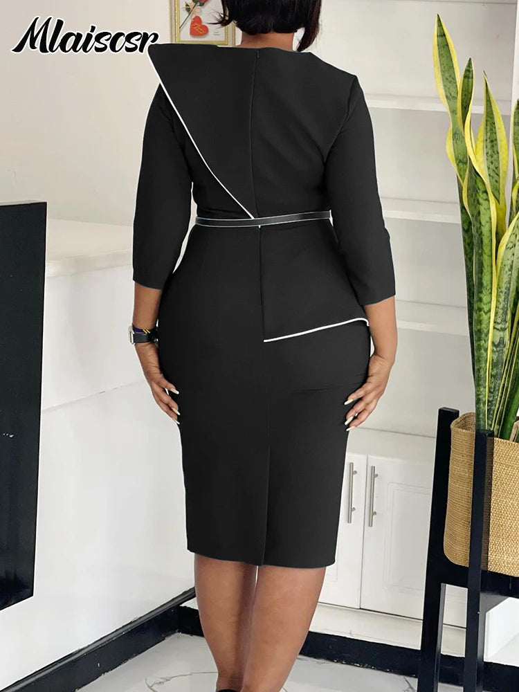 Mlaiscsr Fashion African Mid Dresses with Belt Women 3D Flowers 3/4 Sleeve O-neck Party Evening Office Lady Bodycon Vestidos