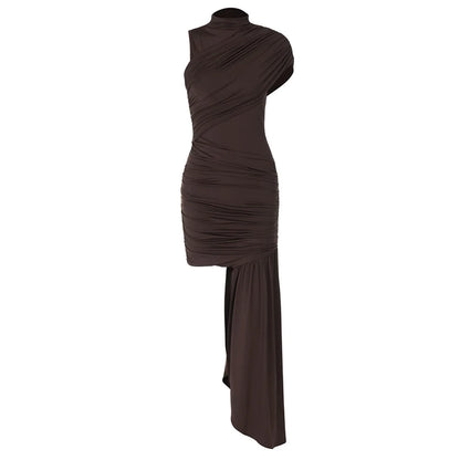 Mozision Irregular Draped Ruched Sexy Mini Dress For Women Elegant Turtleneck Sleeveless High Waist Pleated Club Party Dress