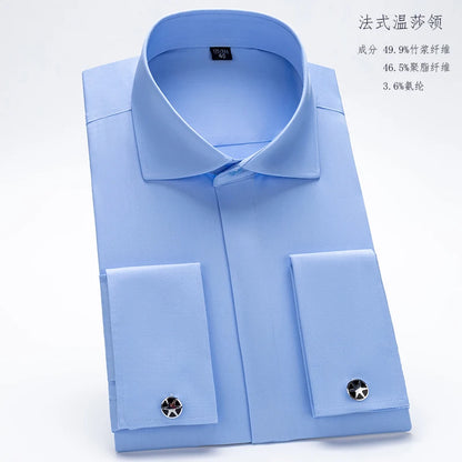 Men's French cufflink shirt with long sleeves slim fit concealed buttons solid color high end wedding dress formal men's