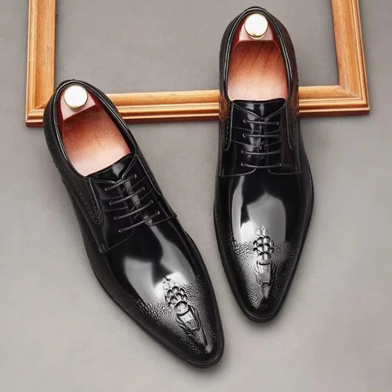 Crocodile-pattern Leather Shoes For Men Fashion Pointed Toe Lace-up Dress Shoes Patent Leather Business Formal Shoes
