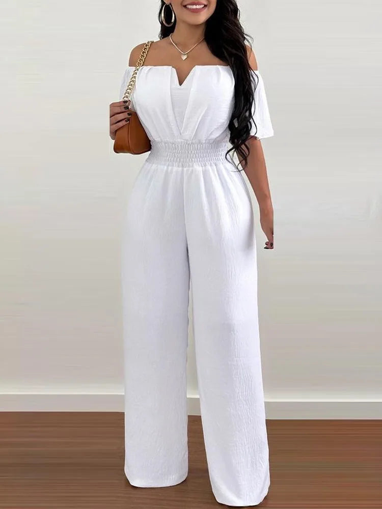 Sexy Solid Off Shoulder Jumpsuit Elegant V Neck Slim Fit Elastic Waist Jumpsuits 2024 New Office Lady Fashion Women Clothing