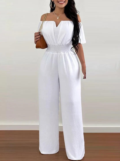Sexy Solid Off Shoulder Jumpsuit Elegant V Neck Slim Fit Elastic Waist Jumpsuits  New Office Lady Fashion Women Clothing