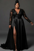 Plus Size Formal Evening Dress for Women's V Neck Long Sleeve Split See Through Lace Satin Elegant High Waist Maxi Dresses