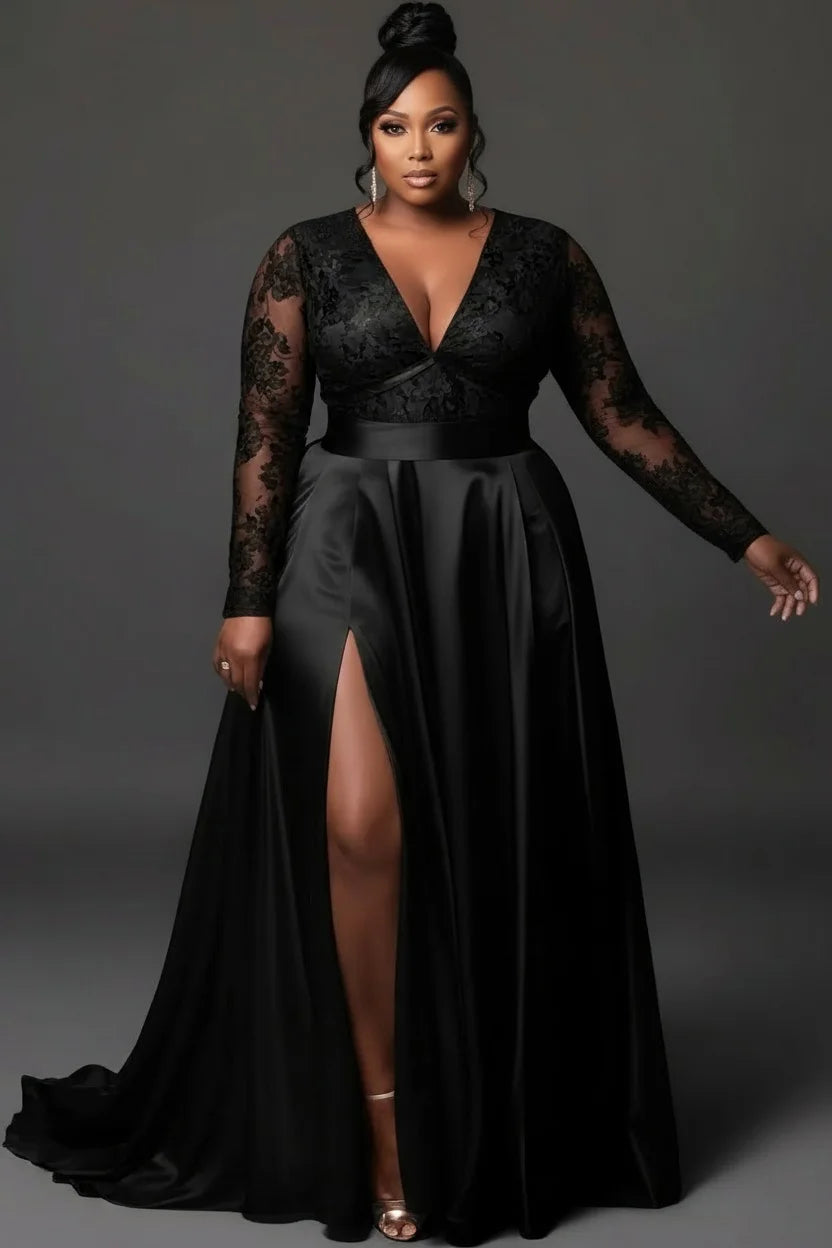 Festliches Abendkleid in großen Größen für Damen, V-Ausschnitt, lange Ärmel, geschlitzt, durchsichtig, Spitze, Satin, elegant, hohe Taille, Maxikleider