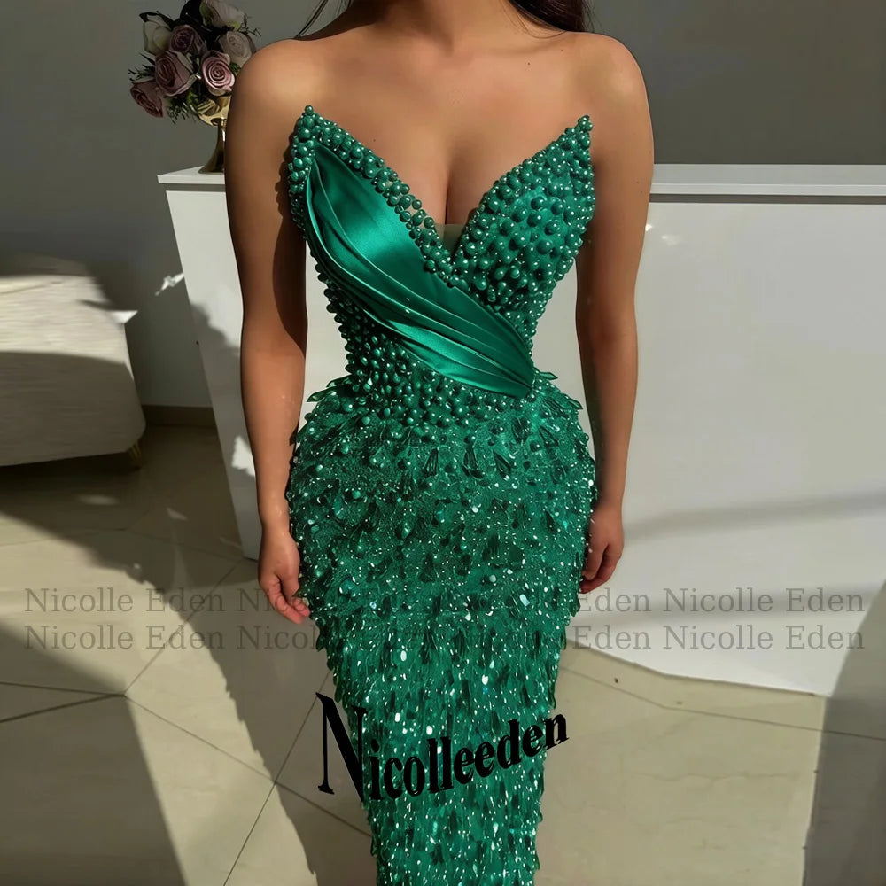 Nicolle Luxury V Neck Prom Dresses for Women Pearls Crystals Sequined Pleats Sheath Party Vestidos De Festa Customized
