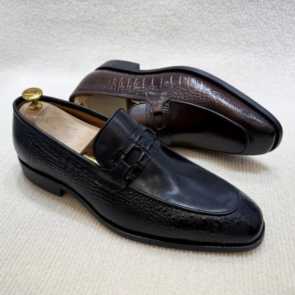 Luxus-Herrenschuhe aus echtem Leder mit Krokoprägung, Hochzeits-Loafer, Business-Büro-Slipper mit Doppelschnalle