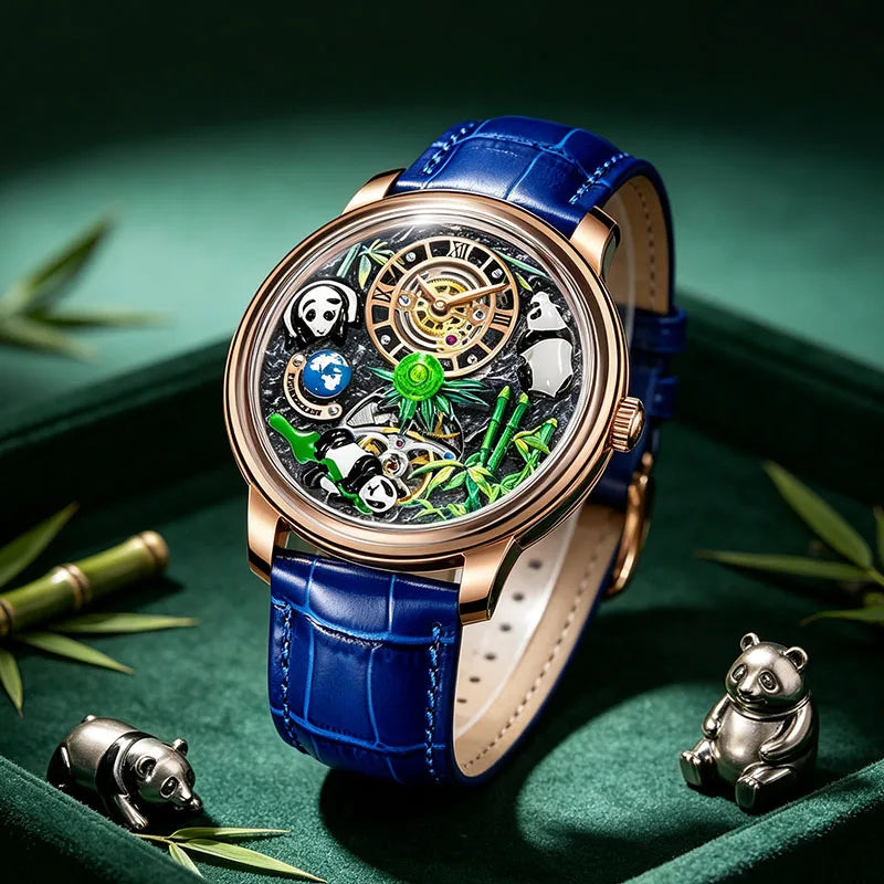 PINDU Three-dimensional Panda Dial Watches for Men High-end Luxury Transparent Hollowed Fully Automatic Mechanical Wristwatch