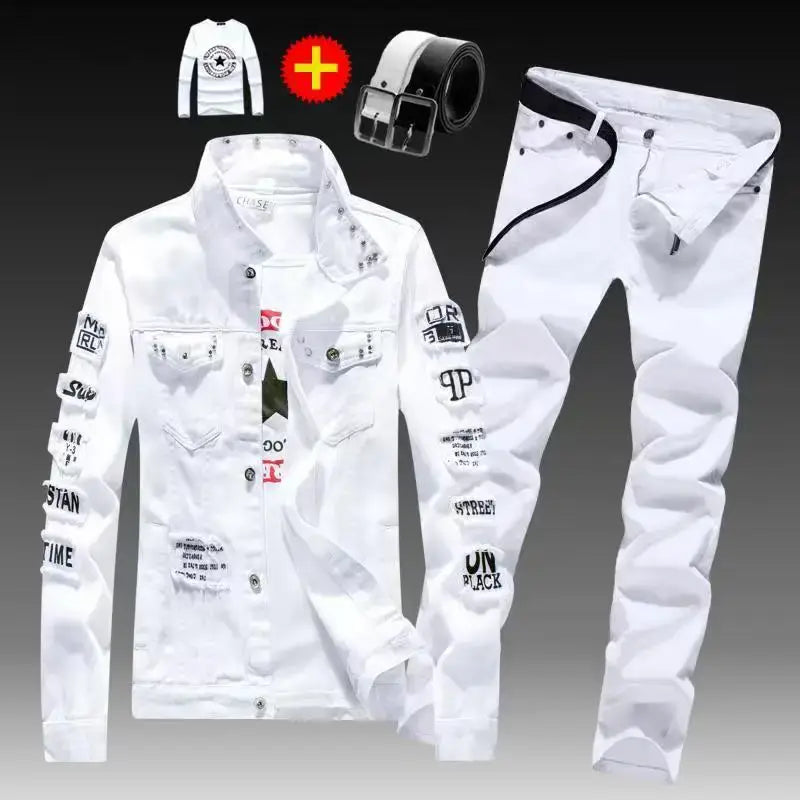 Frühling Herbst Herren Jeansjacke + Jeanshosen Set Mode Einreiher Mantel Hose Zweiteiliger Denim-Anzug