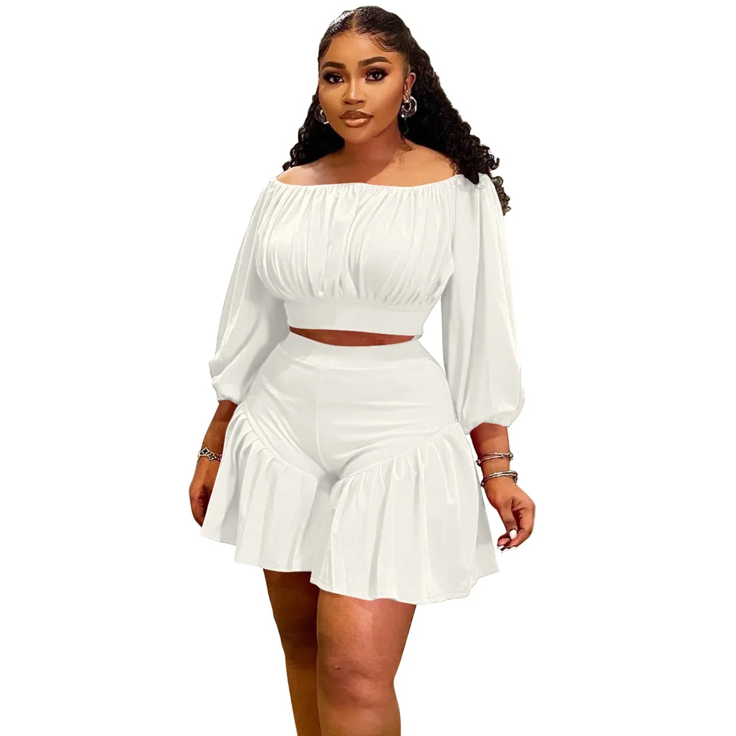 CM.YAYA Plus Size Women's Set Long Sleeve Slash Neck T-Shirt and Shorts  Summer Ruched Two 2 Piece Set Outfits Tracksuit