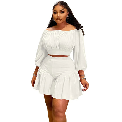 CM.YAYA Plus Size Women's Set Long Sleeve Slash Neck T-Shirt and Shorts  Summer Ruched Two 2 Piece Set Outfits Tracksuit