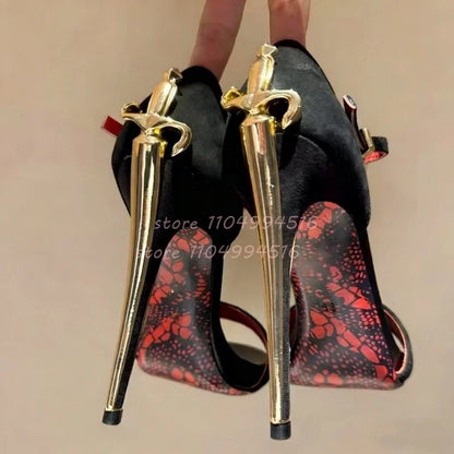 Women Sexy Pointed Toe Stiletto High Pumps Metal Decor Leather Super High Heels  Fashion Party Ladies Summer Gladiator Shoes