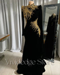Customized Black Velvet Elegant Celebrity Dresses High Neck Gold Beaded Inlay Fishtail Pleated Evening платье женско