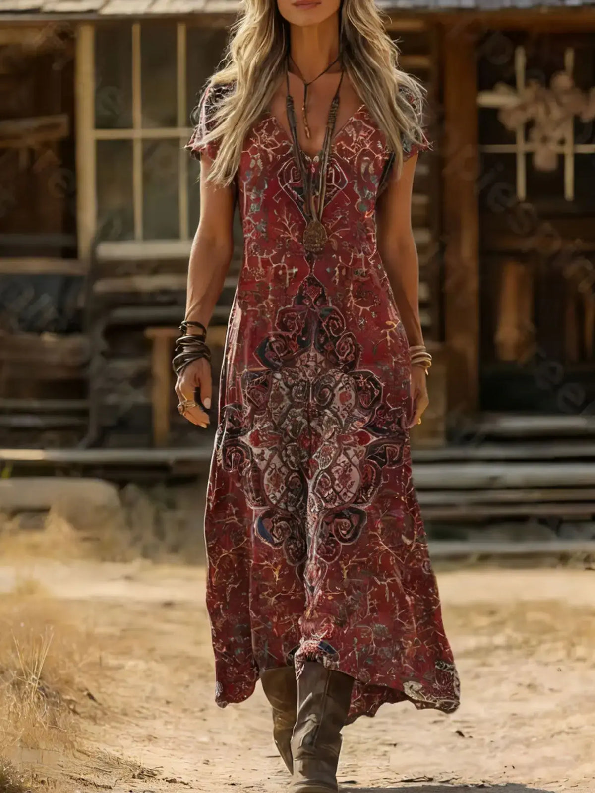 Plus Size Sommer Neuheit Retro Ethno Batik Kleid V-Ausschnitt Kurzarm Locker Boho Urlaub Maxirock