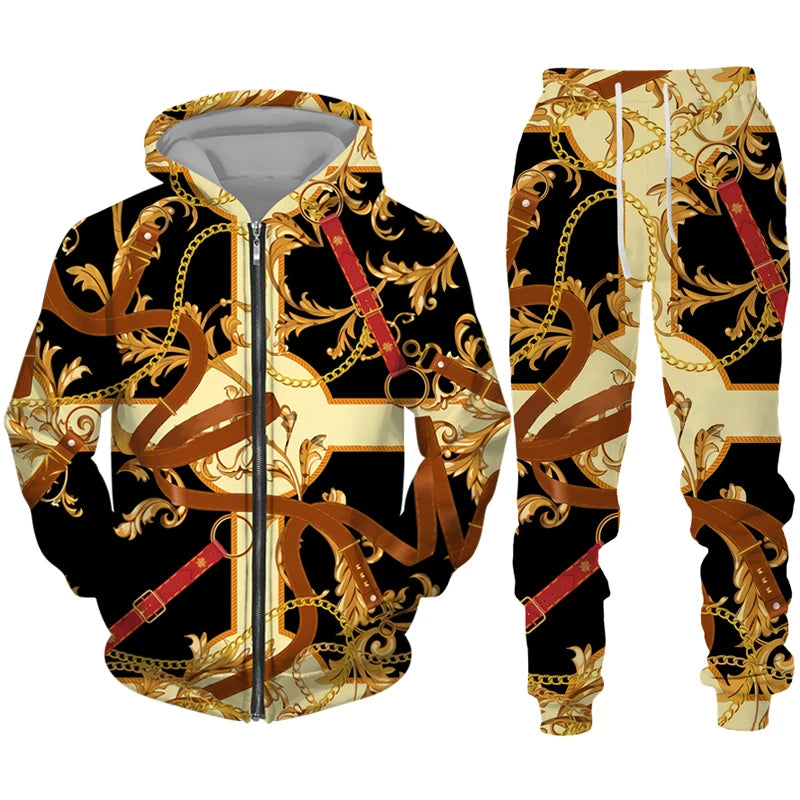 Luxury Golden Pattern 3D Print Men's Zipper Tracksuit Set Casual Hoodie+Pants 2pcs Sets Oversized Sweatshirt Fashion Men Clothes