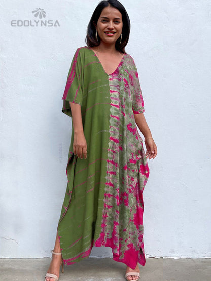 Bohemian Printed V-neck Batwing Sleeve Side Split Loose Dress For Women Clothes Plus Size Beachwear Maxi Dresses Q1218