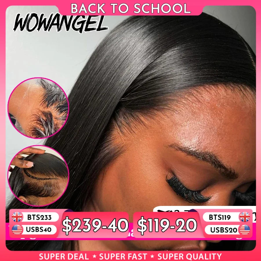 WowAngel 250% Upgraded 13x6 HD Lace Full Frontal Wigs Glueless Straight Human Hair Wigs Pre Plucked Natural Scalp Brazilian Hair