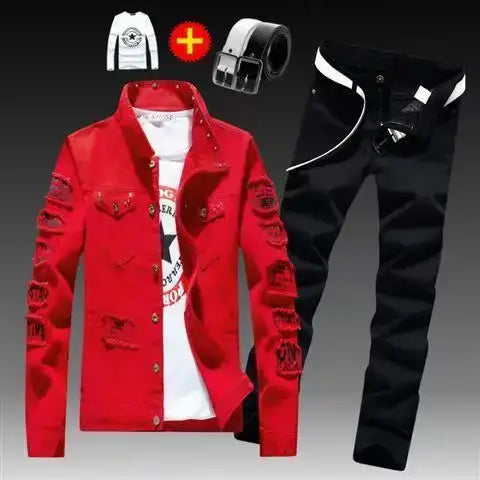 Frühling Herbst Herren Jeansjacke + Jeanshosen Set Mode Einreiher Mantel Hose Zweiteiliger Denim-Anzug