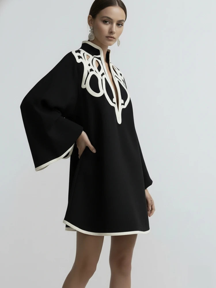 Freeacy Women's Hollowed Stand Collar Loose Mini Dress 2026 Spring New Contrast Color Long Sleeves Vacation Party Dresses