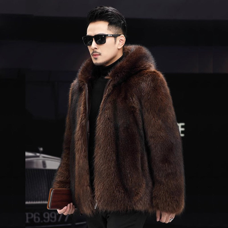 Luxury Winter Warm Faux Fur Coat Men Hooded Thick Fur Coat Jacket Plus Size Branded Zipper Designer Men's Clothing Slim