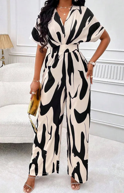 Women Wide Leg Jumpsuit Spring Summer Fashion V Neck Short Sleeve High Waist Full Body Printed Jumpsuits Casual One Pieces