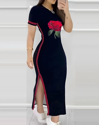 Womens Dresses  Summer Fashion Striped Rose Print Side Slit Casual O-Neck Short Sleeve Skinny Daily A Line Long Dress