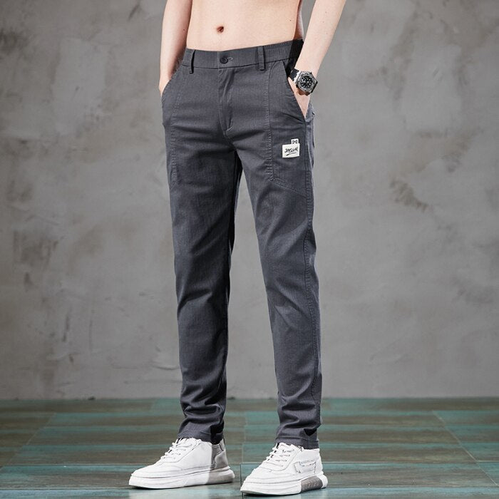 Spring Summer Elastic Waist Design Men&#39;s Thin Casual Pants Korean Fashion Cotton Stretch Business Trousers Male Grey Blue