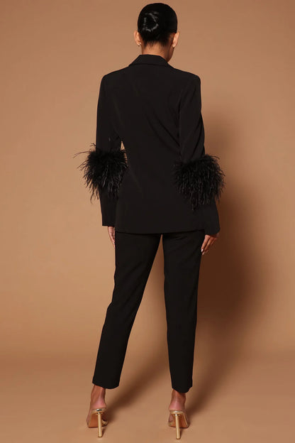 CM.YAYA Vintage Women Fur Hem Long Sleeve Blazer Suit and Pants  Chic OL Fashion Two 2 Piece Set Outfits Basic Tracksuit